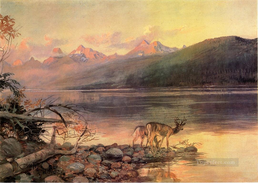マクドナルド湖の鹿の風景 チャールズ・マリオン・ラッセル インディアナ州油絵